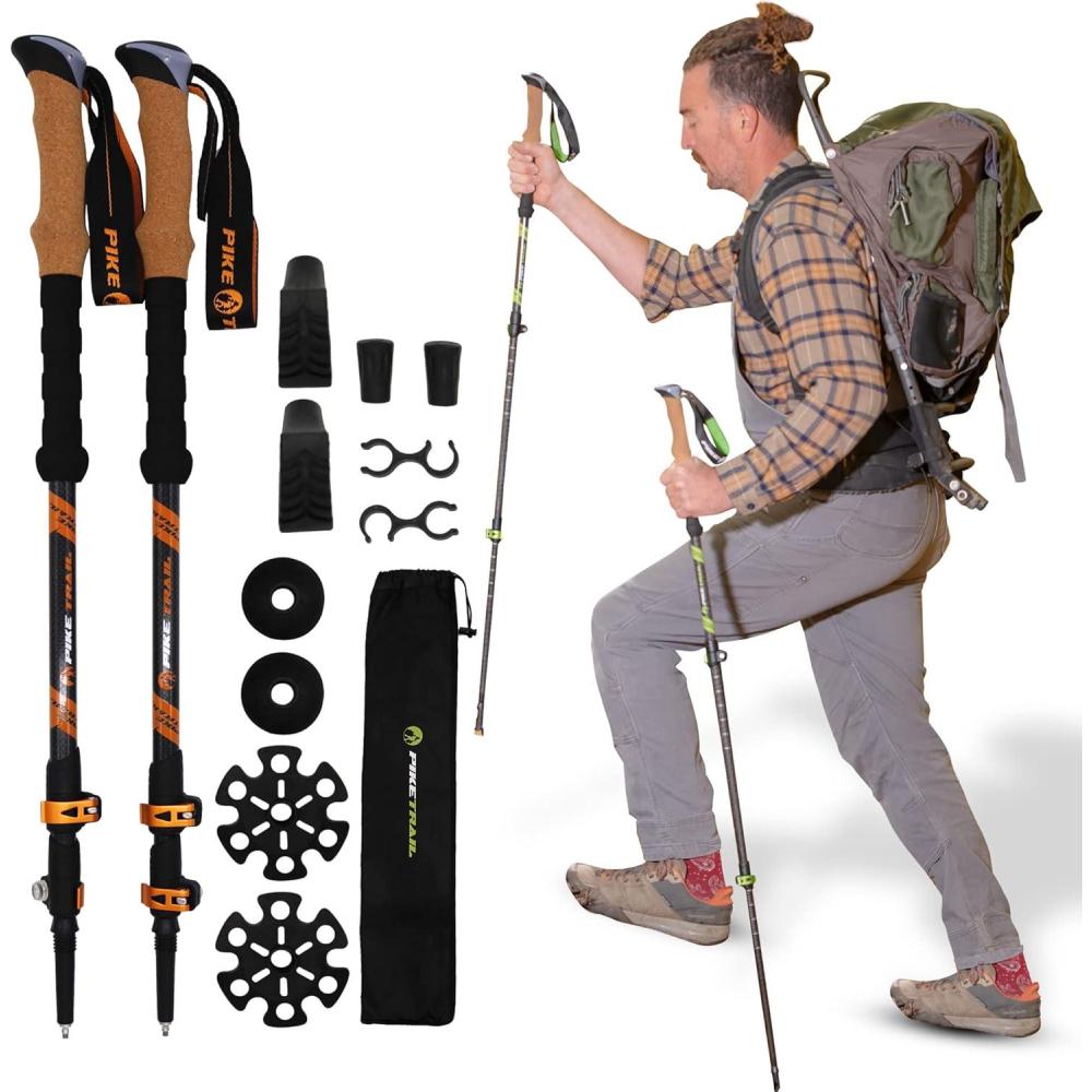 imagePike Trail Trekking Poles Lightweight Carbon Fiber Collapsible Sticks for Walking and Hiking for Men and Women Adjustable Height and Retractable Design Carry Bag and Attachments IncludedSangria
