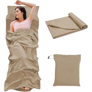 NiCoLa Doublure de sac de couchage, doublure légère de sac de couchage 210 x 115 cm, drap de voyage léger avec fermeture éclair et fente pour oreiller pour camping, hôtel et randonnée(kaki)