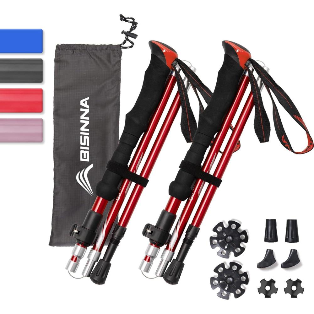 image:imageBISINNA Btons de randonne Lot de 2 Pliables en Aluminium avec systme de Verrouillage Rapide 4 Saisons tlescopiques rglables lgers pour Le Camping et la randonneRouge