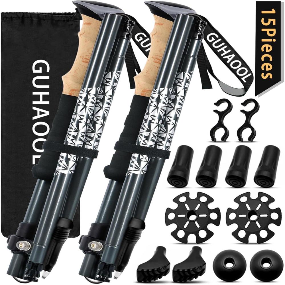 image:imageBtons de Randonne 2 PCS Bton de Marche Tlescopique RetractablePliable Antidrapant Ultralger Btons de Marche avec 5 Paires de Tampons en Caoutchouc pour Le Conditionnement du Trekking