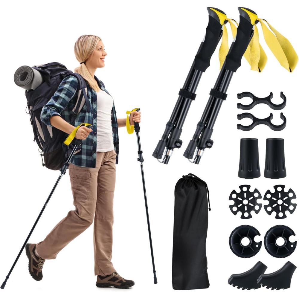 image:imageGYMAX Bton de Randonne Rglable 115130cm en Aluminium avec 4 Paires de Tampons en Caoutchouc Rondelles pour Boue et Neige Bton pour Marche Trekking Lger Pliable avec Sac de TransportJaune