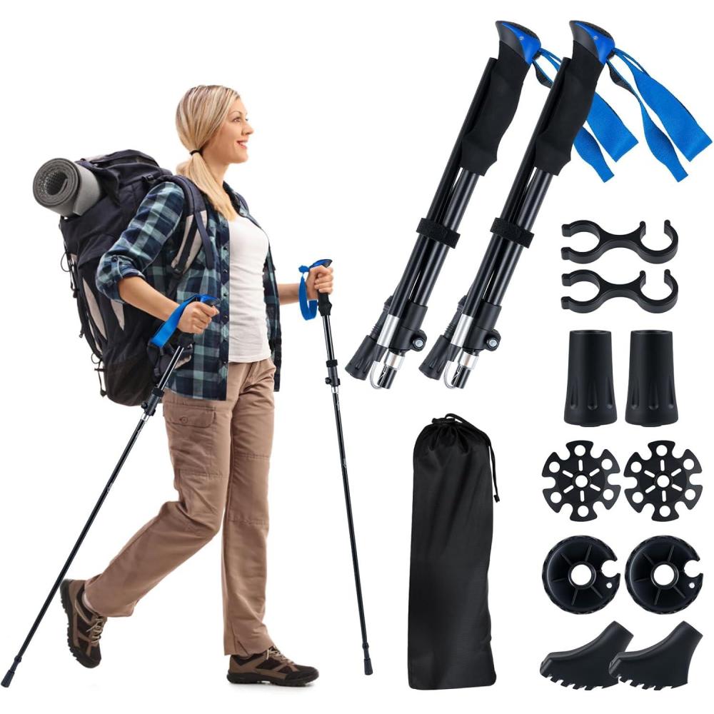 image:imageGYMAX Bton de Randonne Rglable 115130cm en Aluminium avec 4 Paires de Tampons en Caoutchouc Rondelles pour Boue et Neige Bton pour Marche Trekking Lger Pliable avec Sac de TransportBleu