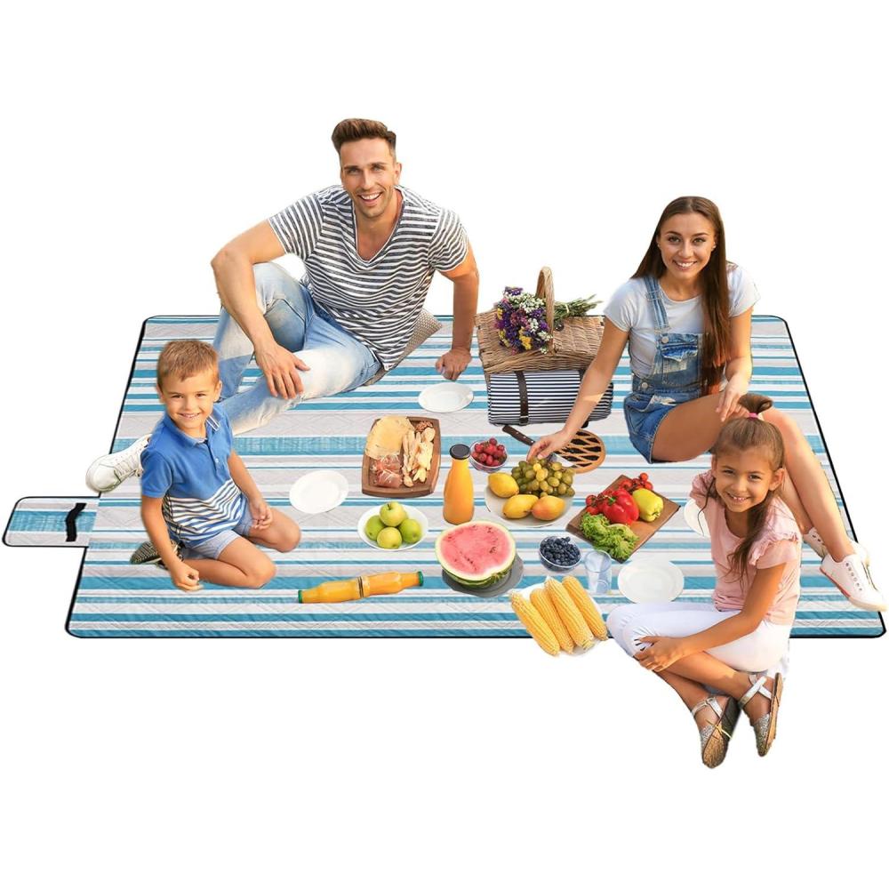 image:imageTissu  Couverture de PiqueNique impermable 198 x 198 cm antidrapante Pliable avec poigne de Transport pour Camping Balcon terrasse Piscine Voyage Jardin Festivals VacancesBarres de Couleur