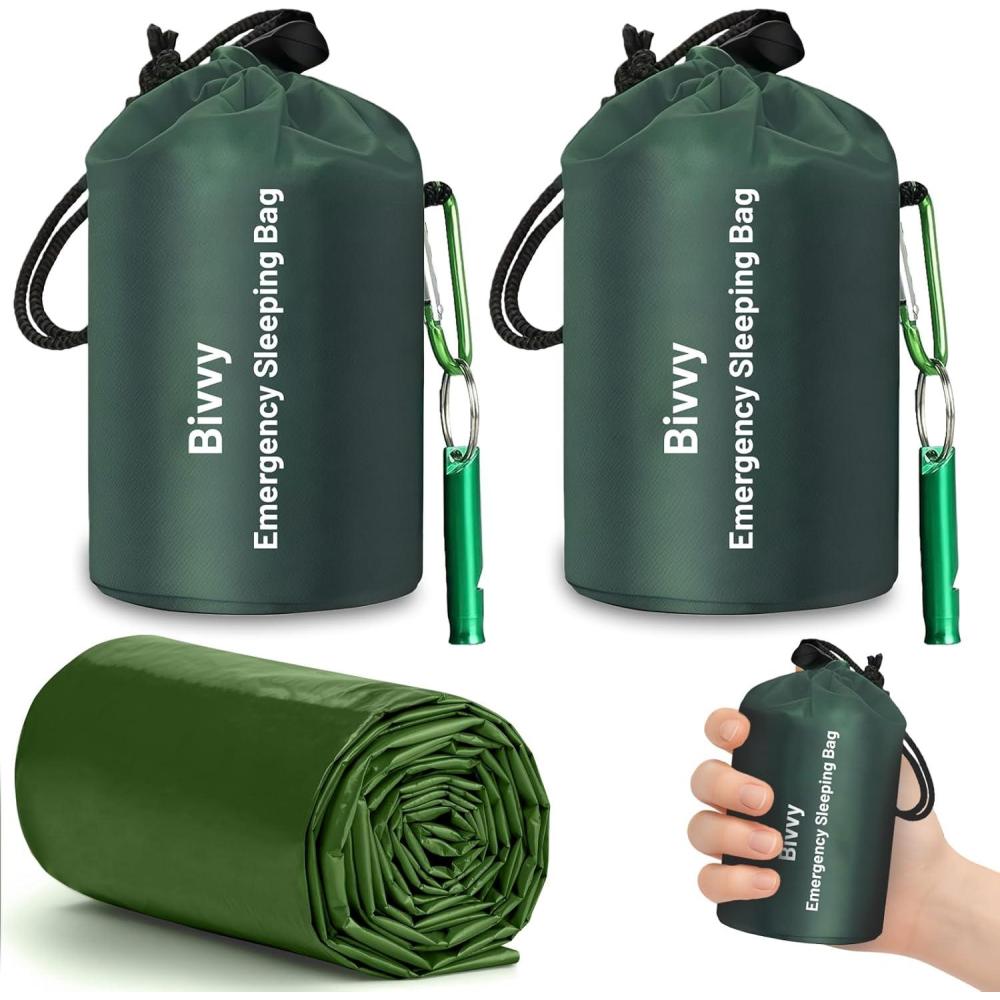 image:imageflintronic Lot de 2 Sac de Couchage de Survie Couverture de Survie Reutilisable Sac de Couchage durgence avec Sifflet et Mousqueton Lger Impermable pour Randonne Tente Camping  VertVert