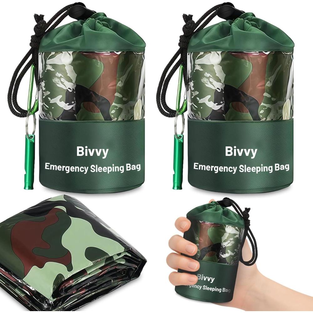 image:imageflintronic Lot de 2 Sac de Couchage de Survie Couverture de Survie Reutilisable Sac de Couchage durgence avec Sifflet et Mousqueton Lger Impermable pour Randonne Tente Camping  VertCamouflage