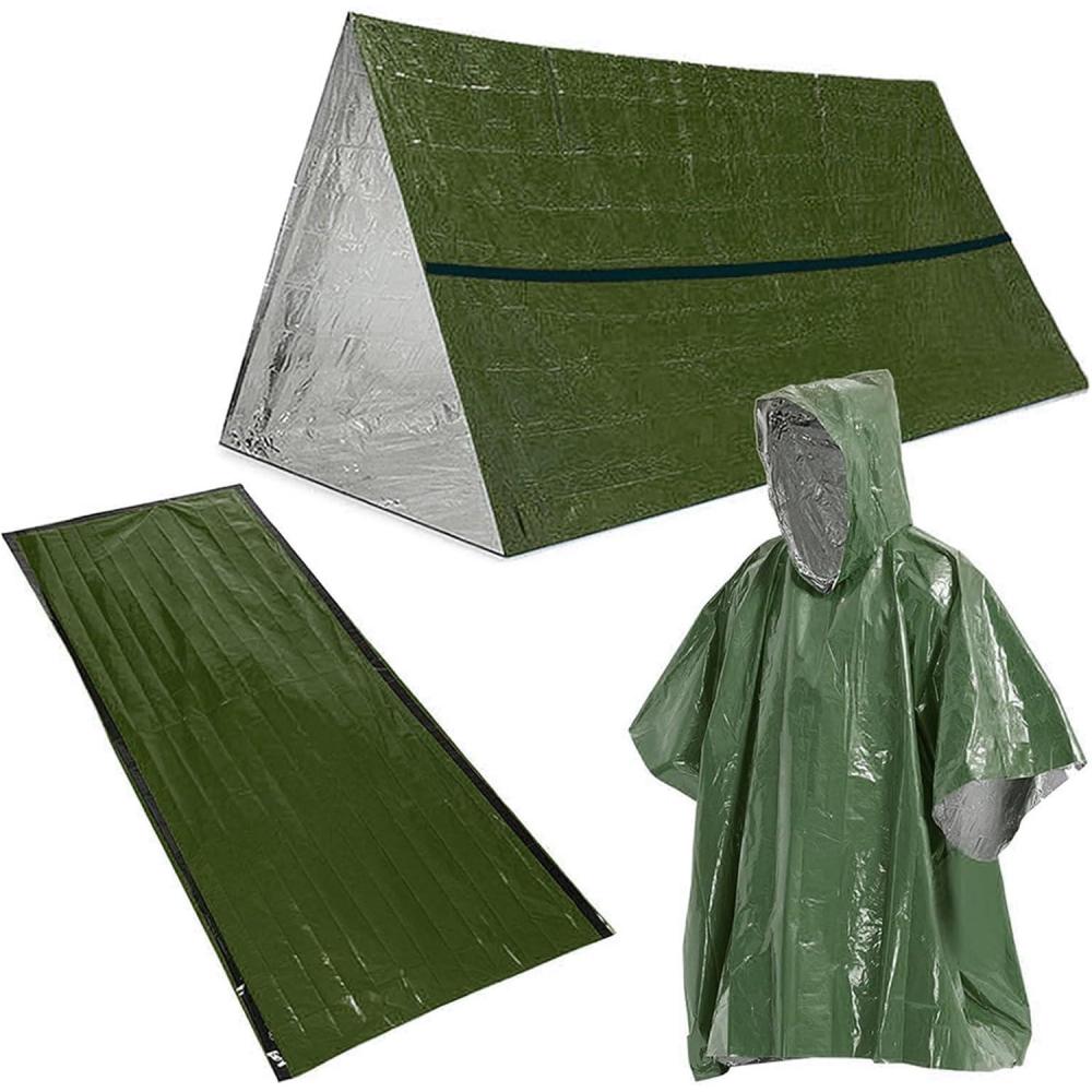 image:imageKit de survie durgence 3 en 1 en plein air manteau de pluie sac de couchage tente de sac de couchage pliable ensemble de tente pour camping en plein airVert
