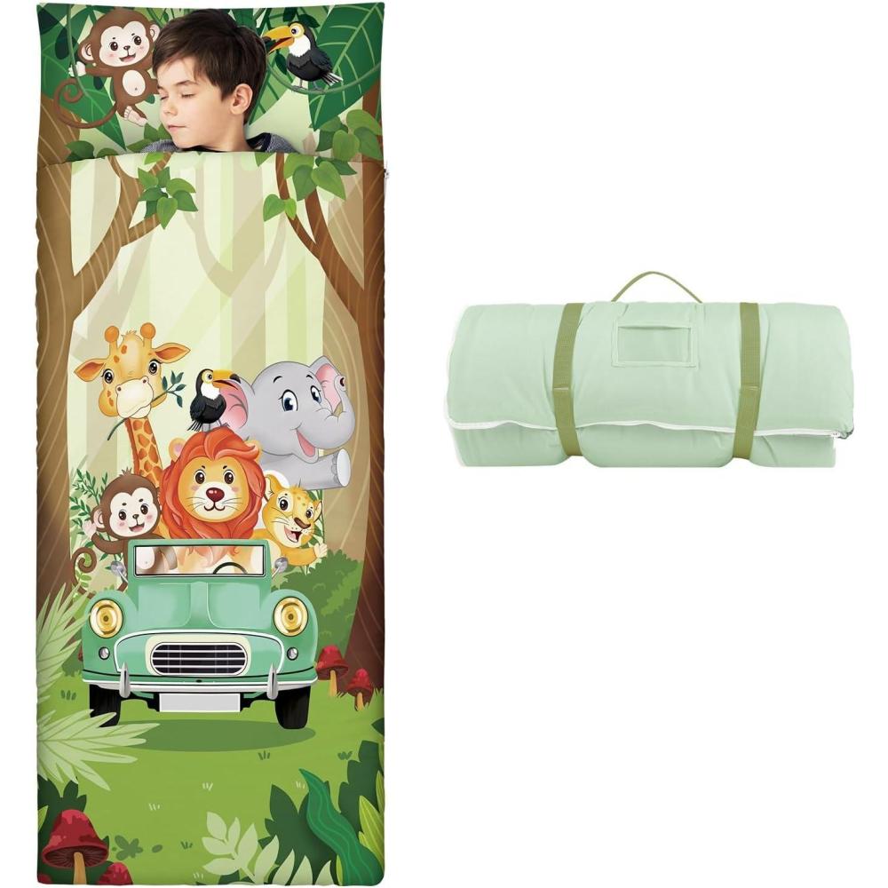 image:imageSac de Couchage Chaud pour Enfants avec Oreiller Amovible Tapis de Sieste Pliable pour Filles et Garons Couverture de Sieste avec Double Fermeture Eclair pour Camping Ecole GarderieVoitures danimaux