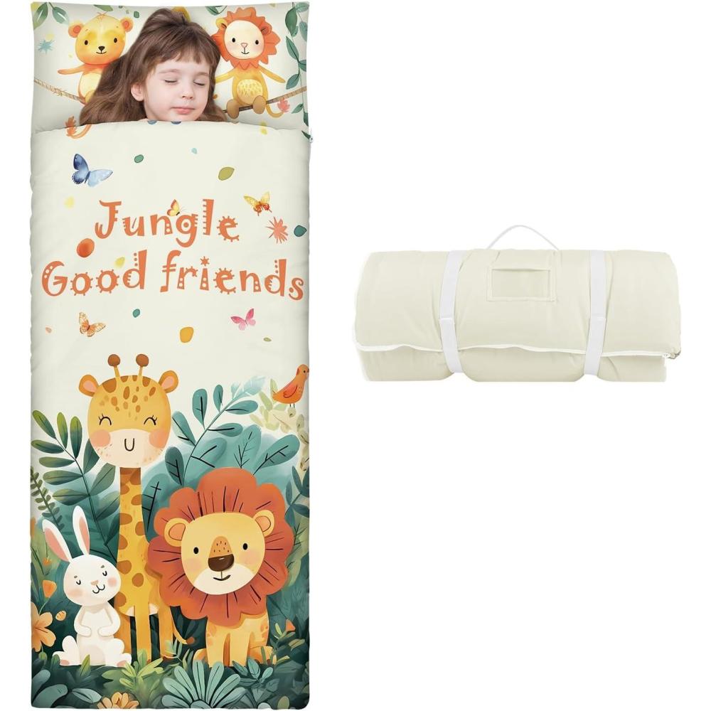 image:imageSac de Couchage Chaud pour Enfants avec Oreiller Amovible Tapis de Sieste Pliable pour Filles et Garons Couverture de Sieste avec Double Fermeture Eclair pour Camping Ecole GarderieAnimaux Cartoon