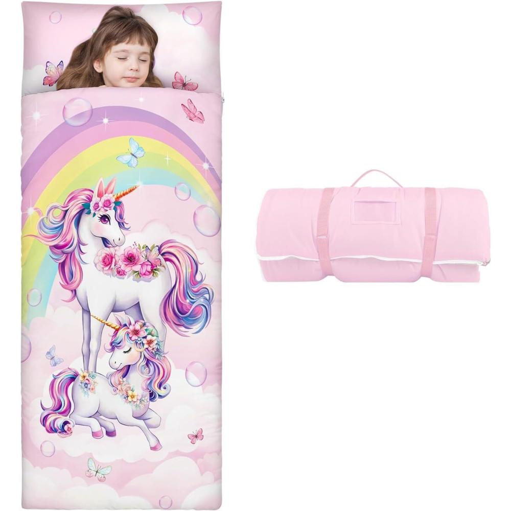 image:imageSac de Couchage Chaud pour Enfants avec Oreiller Amovible Tapis de Sieste Pliable pour Filles et Garons Couverture de Sieste avec Double Fermeture Eclair pour Camping Ecole GarderieLicorne Arcenciel