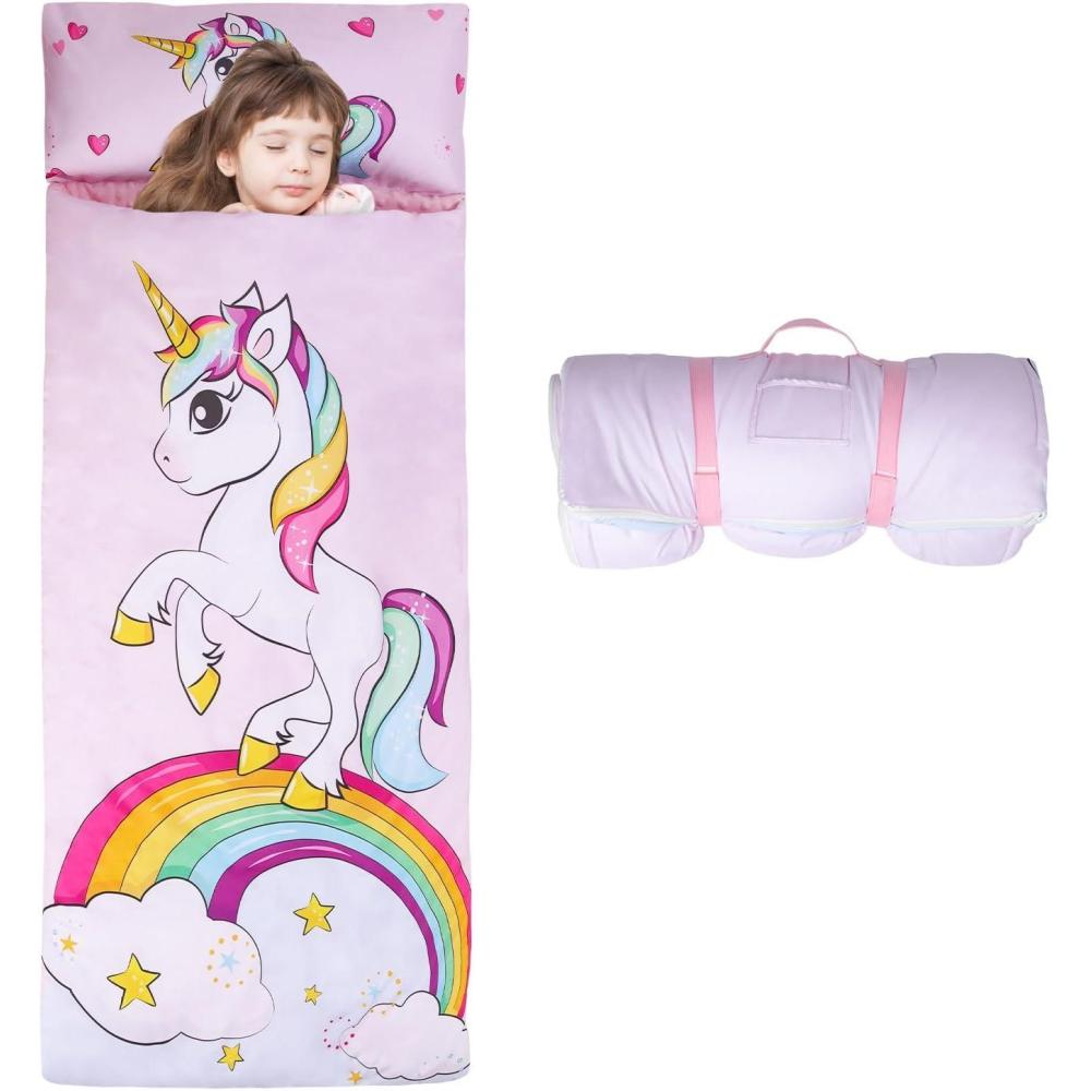 image:imageSac de Couchage Chaud pour Enfants avec Oreiller Amovible Tapis de Sieste Pliable pour Filles et Garons Couverture de Sieste avec Double Fermeture Eclair pour Camping Ecole GarderieLicorne Rose