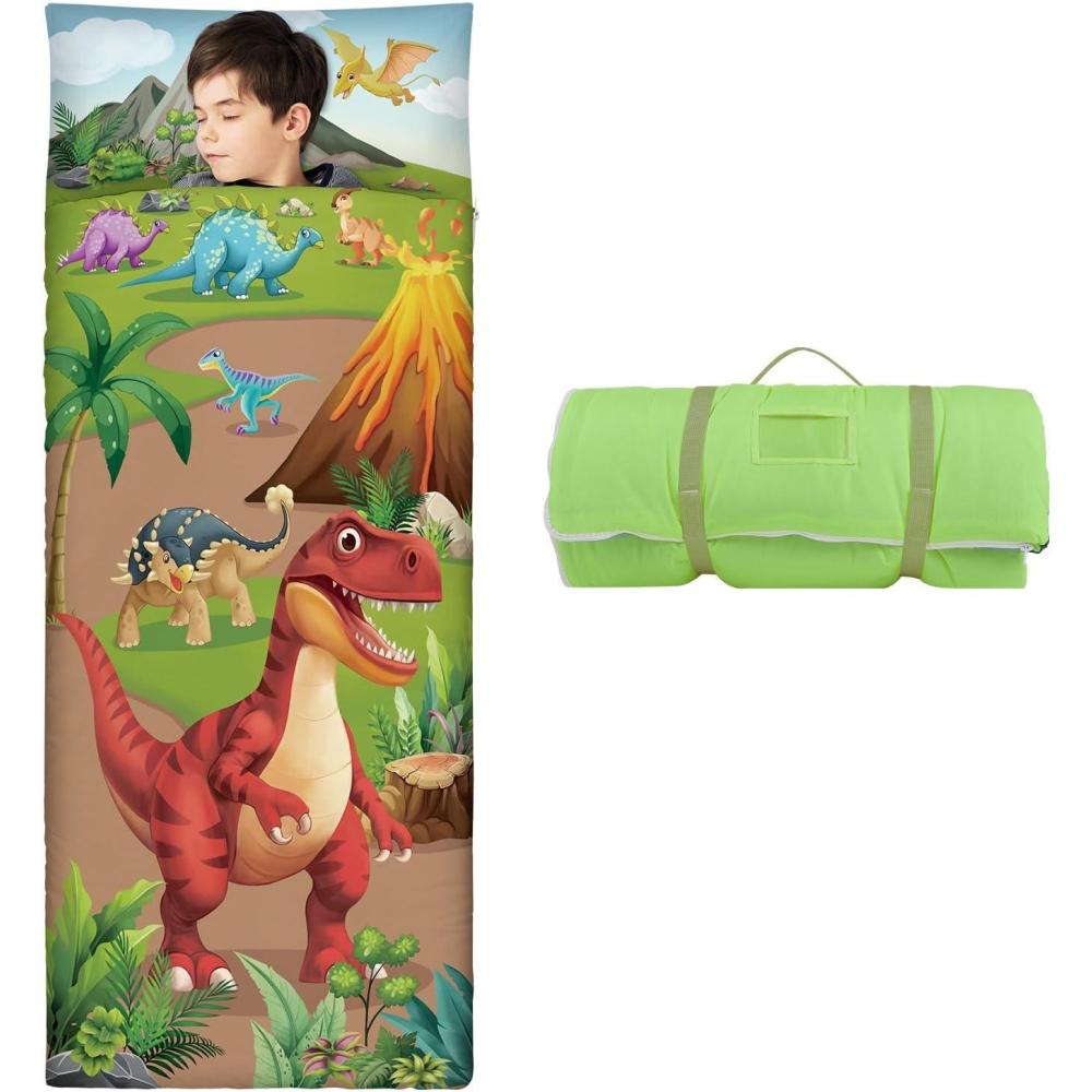 image:imageSac de Couchage Chaud pour Enfants avec Oreiller Amovible Tapis de Sieste Pliable pour Filles et Garons Couverture de Sieste avec Double Fermeture Eclair pour Camping Ecole GarderieVolcan Dinosaure