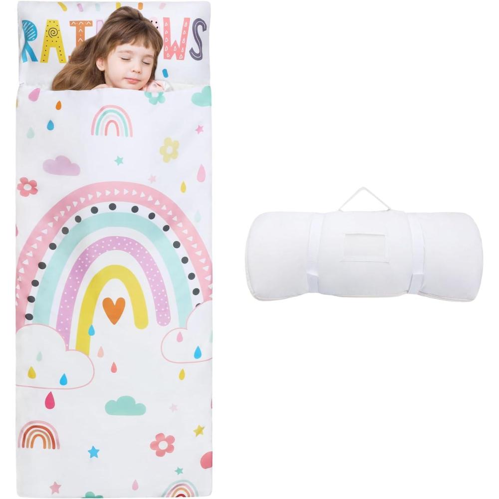 image:imageSac de Couchage Chaud pour Enfants avec Oreiller Amovible Tapis de Sieste Pliable pour Filles et Garons Couverture de Sieste avec Double Fermeture Eclair pour Camping Ecole GarderieNuages Blancs Arcenciel
