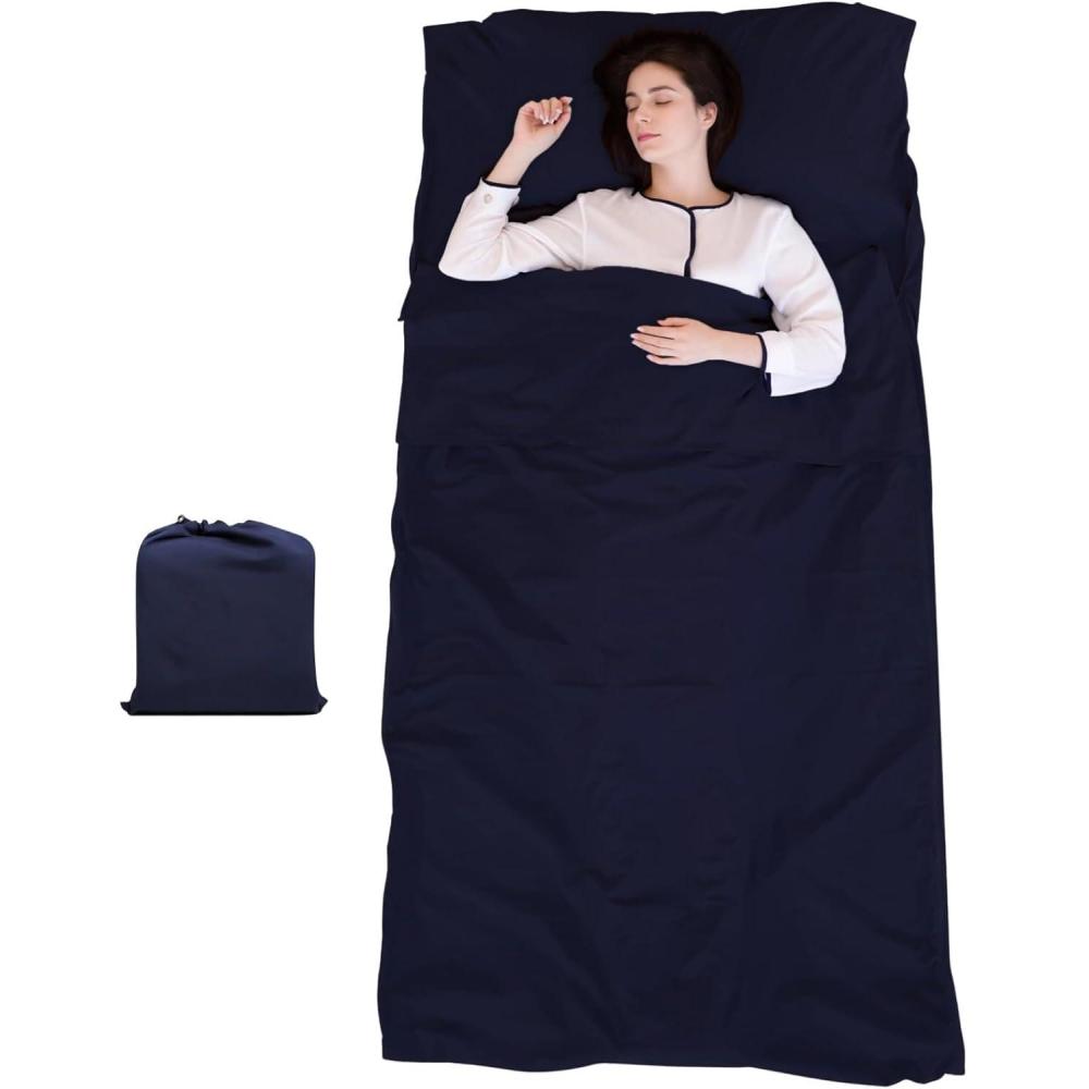 image:imageDoublure de sac de couchage pour adulte Taille XL 114 x 2108 cm Tissu doux pour adulte avec sac de rangement Drap de voyage lger pour htels et camping Bleu marine