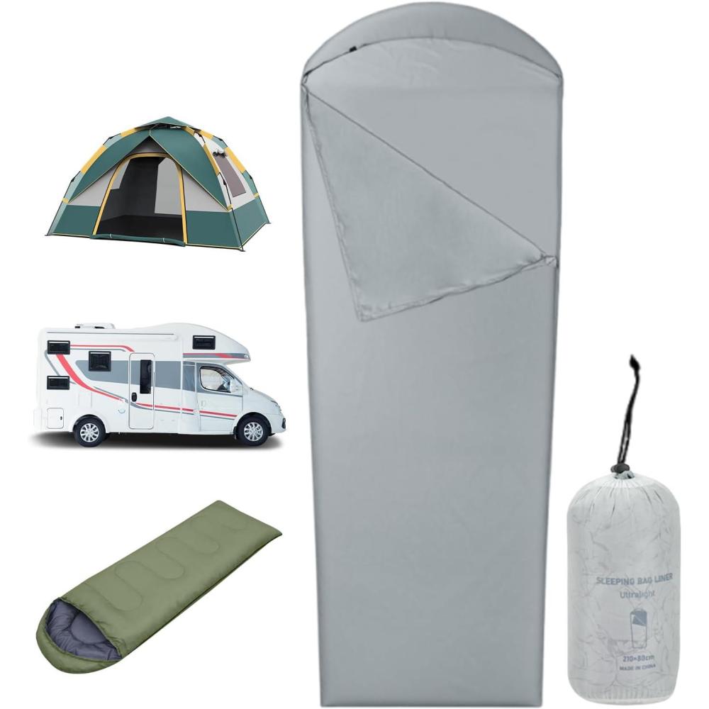 image:imageDoublures de sac de couchage pour adultes Sac de couchage dextrieur pour adultes Draps de voyage pliables pour les dormeurs lgers la randonne le camping les festivals les voyagesGris