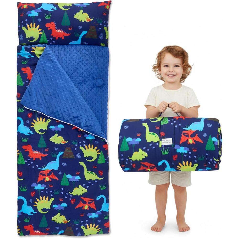 image:imageSac de couchage pour enfants de 3  8 ans 120 x 60 cm en coton avec doublure polaire lger et chaud avec oreiller amovible pour crche voyage et campingDinosaures