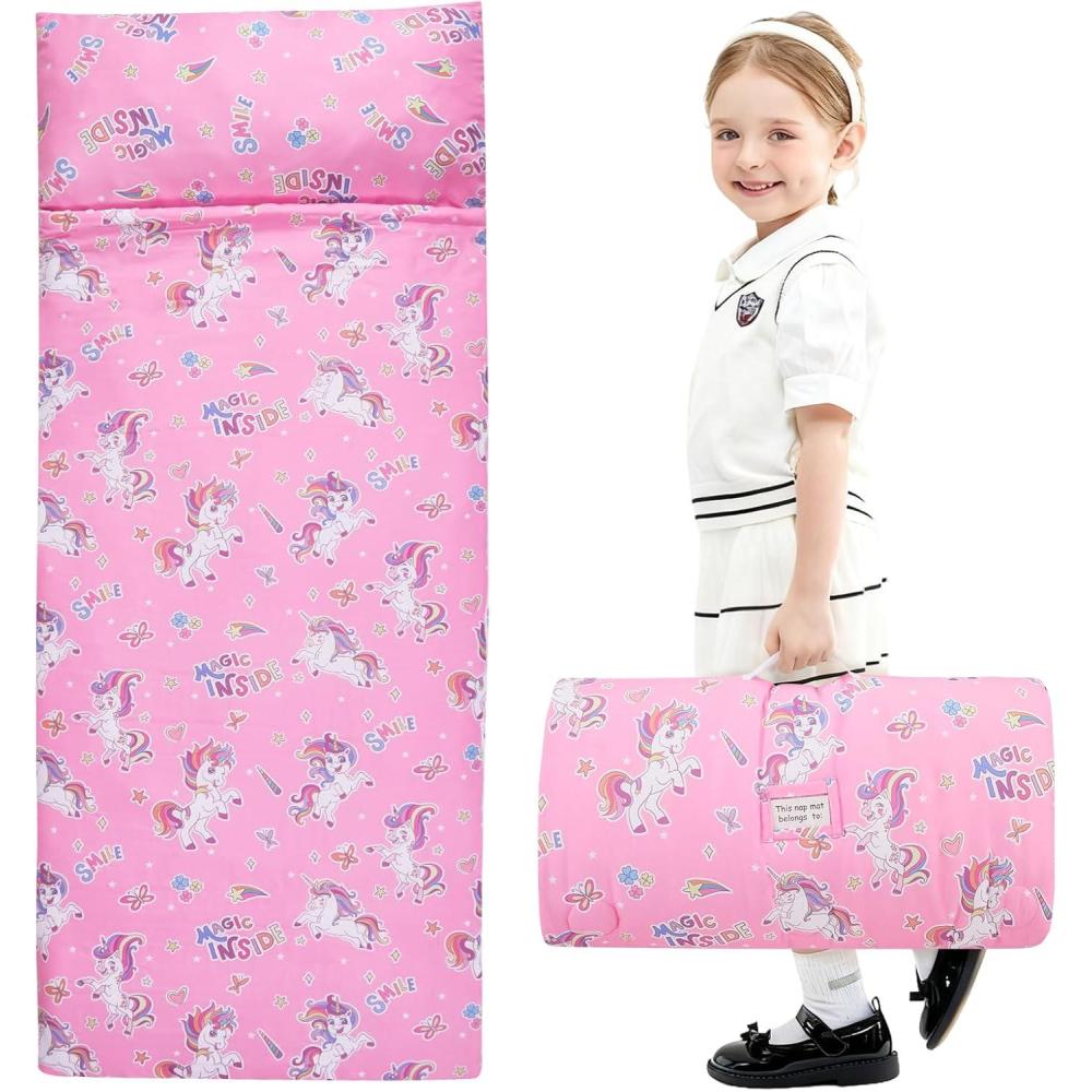 image:imageSac de couchage pour enfants de 3 8 ans 120 x 60 cm en coton avec doublure polaire lger et chaud avec oreiller amovible pour crche voyage et campingLicorne