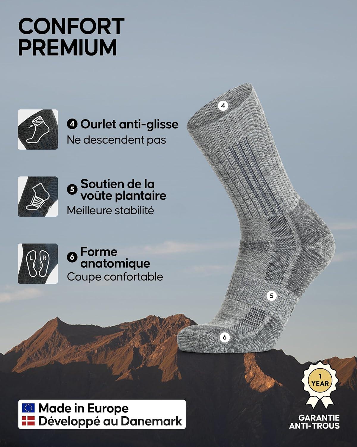 image:imageDANISH ENDURANCE Chaussettes de Randonne en Laine Mrinos Premium Lot de 2 Chaussettes de Trekking Antirayures pour Hommes amp FemmesGris Clair