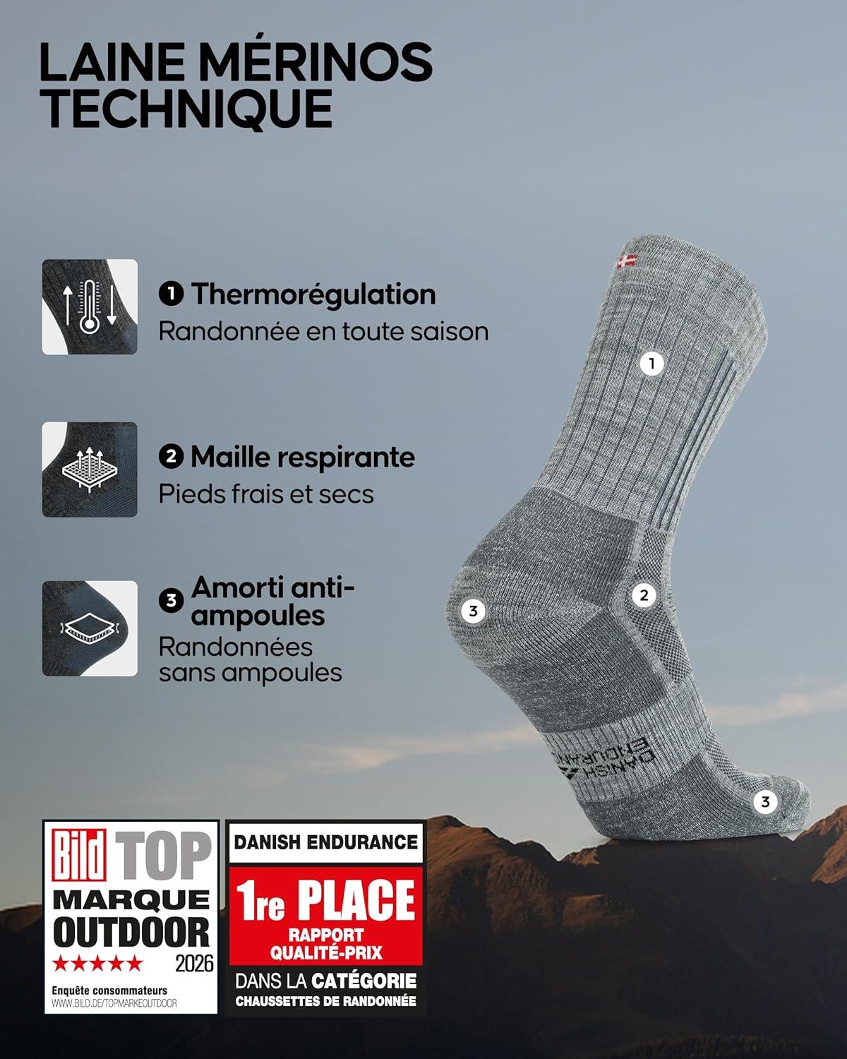 image:imageDANISH ENDURANCE Chaussettes de Randonne en Laine Mrinos Premium Lot de 2 Chaussettes de Trekking Antirayures pour Hommes amp FemmesGris Clair