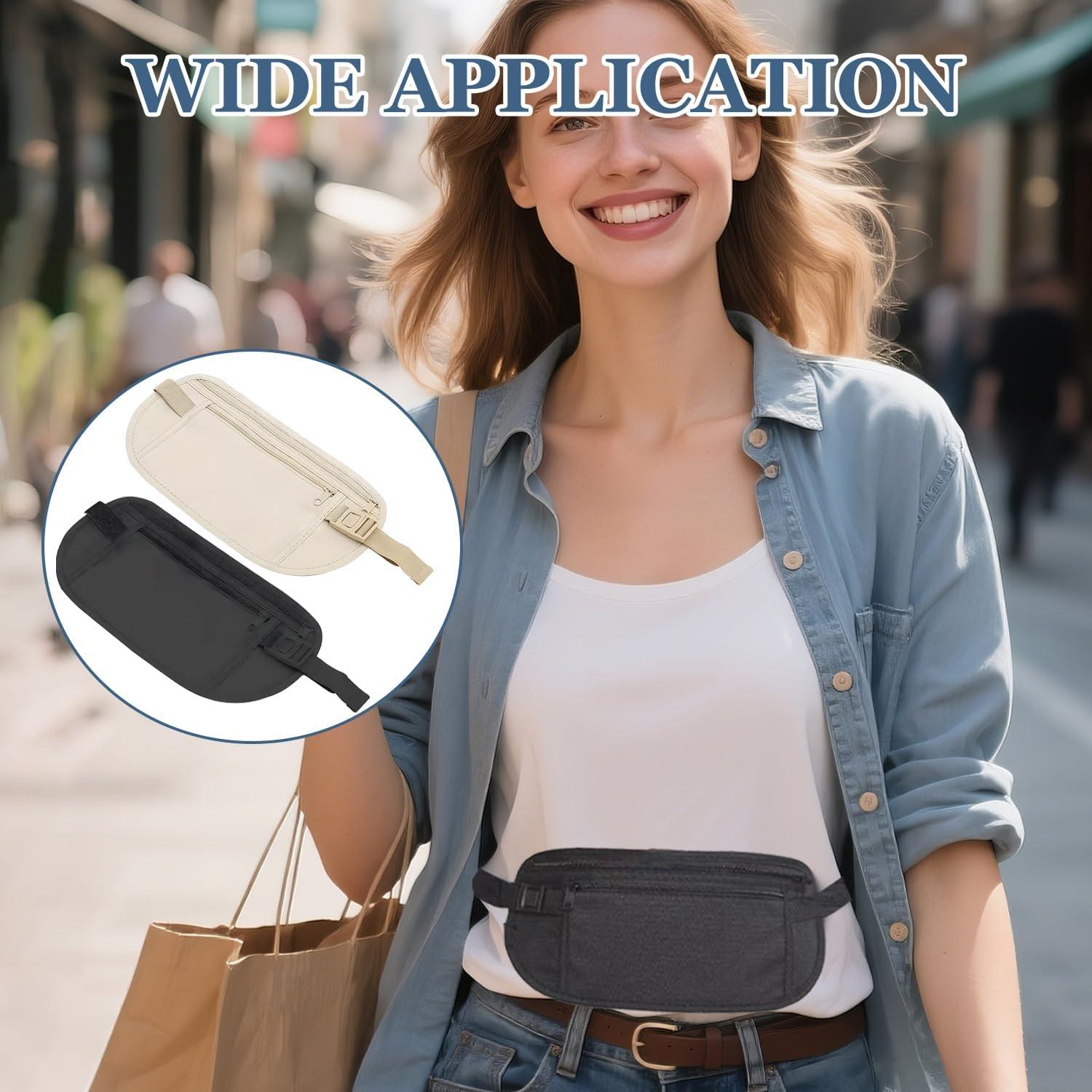 image:image2 Pices Ceinture Cache Billets Utralgre Pochette Secrte Sac Banane Plat Ceinture dargent Dissimule avec Blocage RFID Ceintures de Voyage Rglable pour Homme Femme Voyage Course Pied