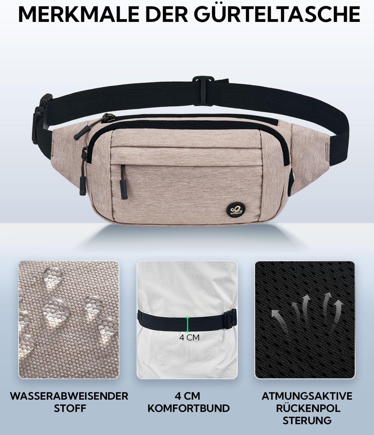 image:imageWATERFLY Sac Banane Sacoche de Ceinture Homme Femme Petite Ceinture Sac de Sport Bum Hip Bag pour Hommes et Femmes Sac Fanny de Taille avec Sangle dextension pour Voyage Randonne Entranement deBeige