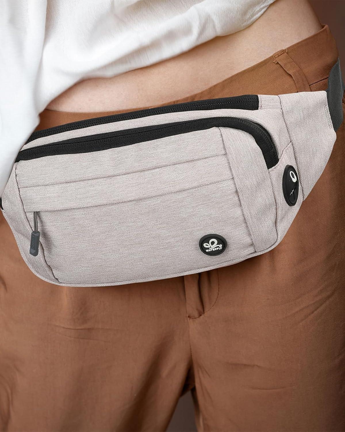 image:imageWATERFLY Sac Banane Sacoche de Ceinture Homme Femme Petite Ceinture Sac de Sport Bum Hip Bag pour Hommes et Femmes Sac Fanny de Taille avec Sangle dextension pour Voyage Randonne Entranement deBeige