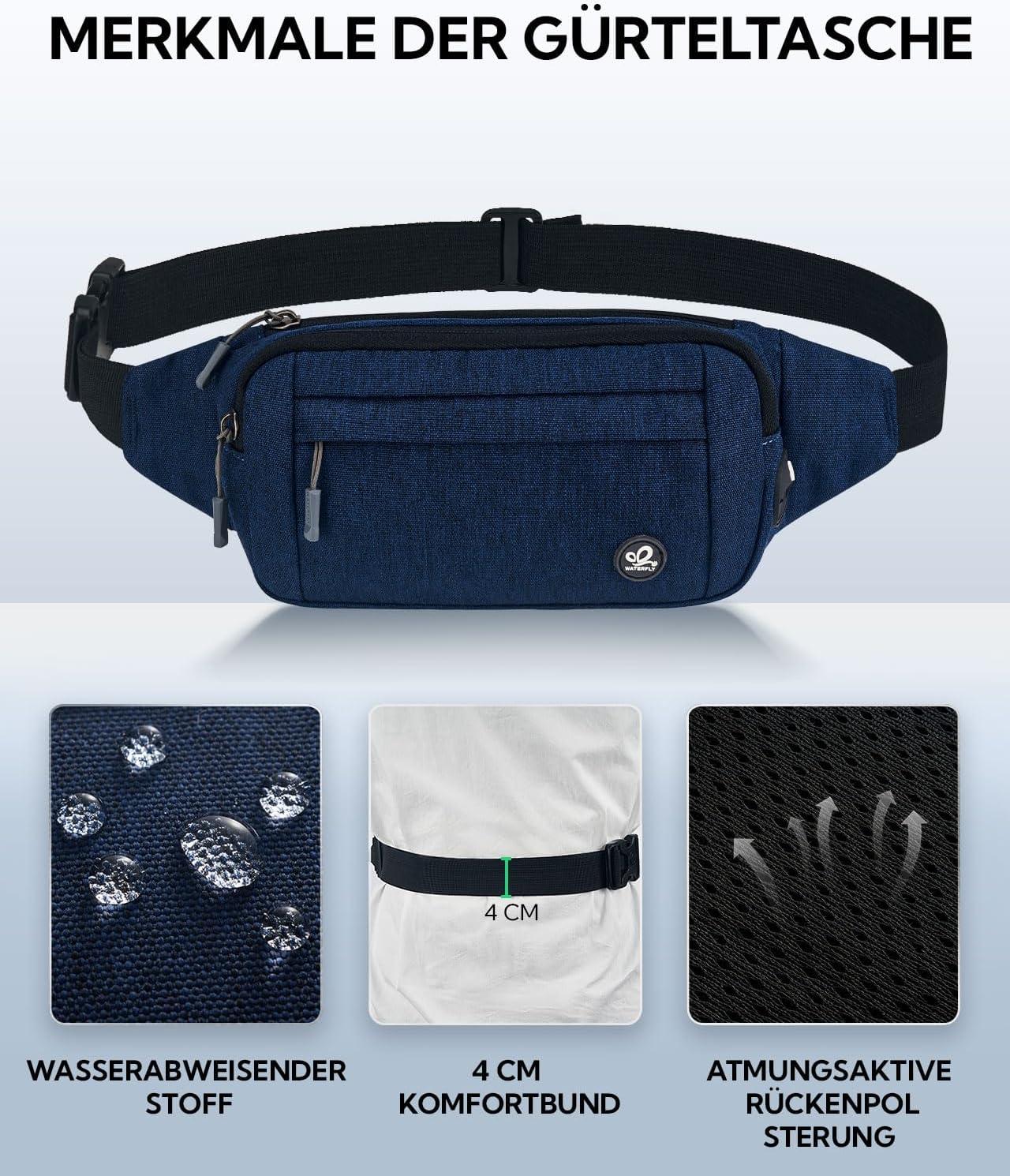 image:imageWATERFLY Sac Banane Sacoche de Ceinture Homme Femme Petite Ceinture Sac de Sport Bum Hip Bag pour Hommes et Femmes Sac Fanny de Taille avec Sangle dextension pour Voyage Randonne Entranement deBleu Fonc