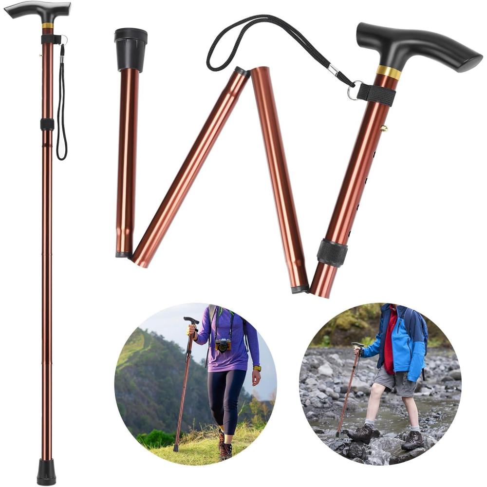 image:imageCanne Pliante en 4 et Rglable Canne Pliante Lgre en Aluminium en Mtal Canap Non Glissant Unisexe pour La Randonne Trekking VoyageMarron