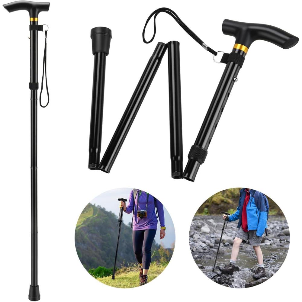 image:imageCanne Pliante en 4 et Rglable Canne Pliante Lgre en Aluminium en Mtal Canap Non Glissant Unisexe pour La Randonne Trekking VoyageNoir