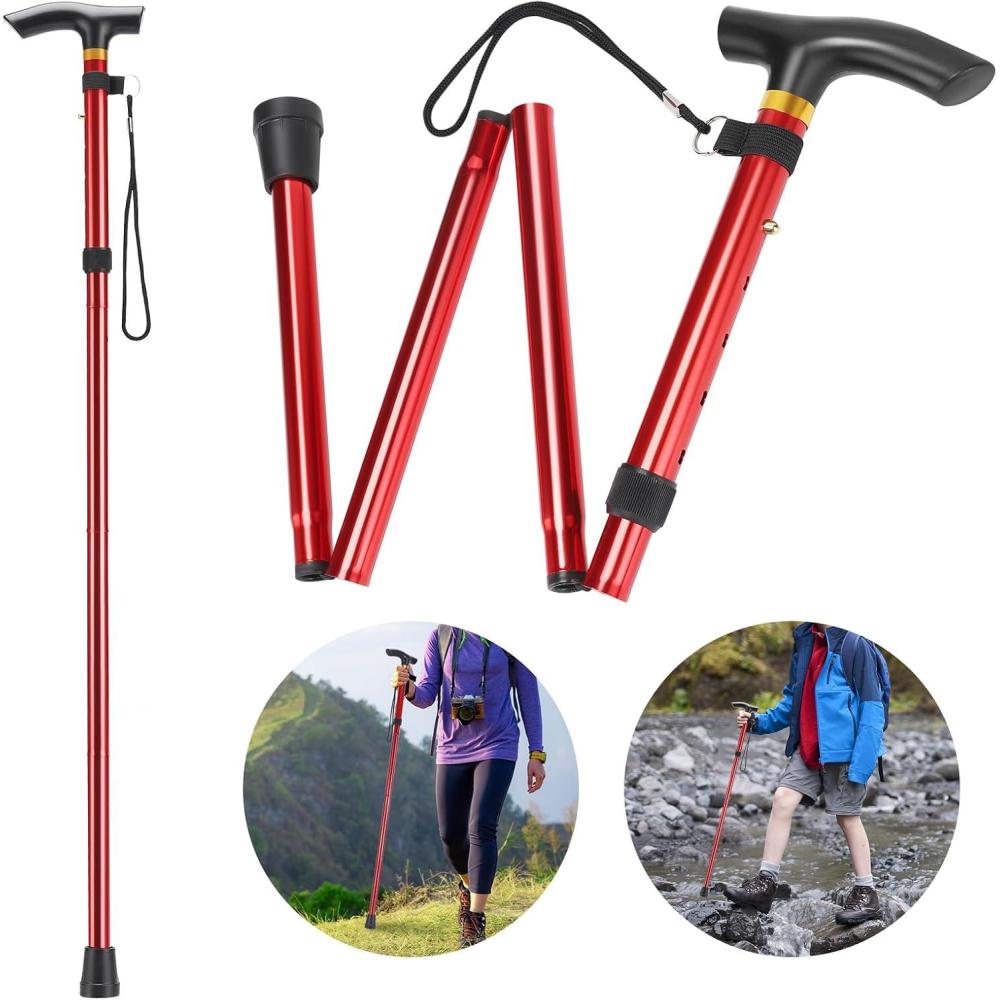 image:imageCanne Pliante en 4 et Rglable Canne Pliante Lgre en Aluminium en Mtal Canap Non Glissant Unisexe pour La Randonne Trekking Voyagerouge